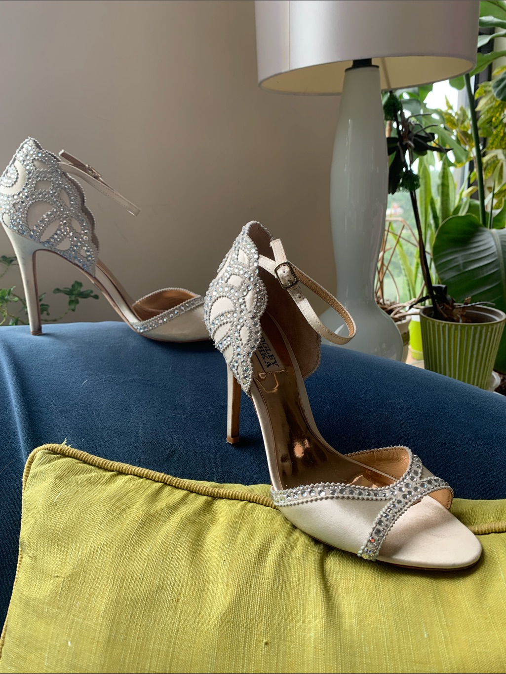 Badgley Mischka Ivory Satin Crystal Embellished Ankle-Strap Heels- Leather Soles